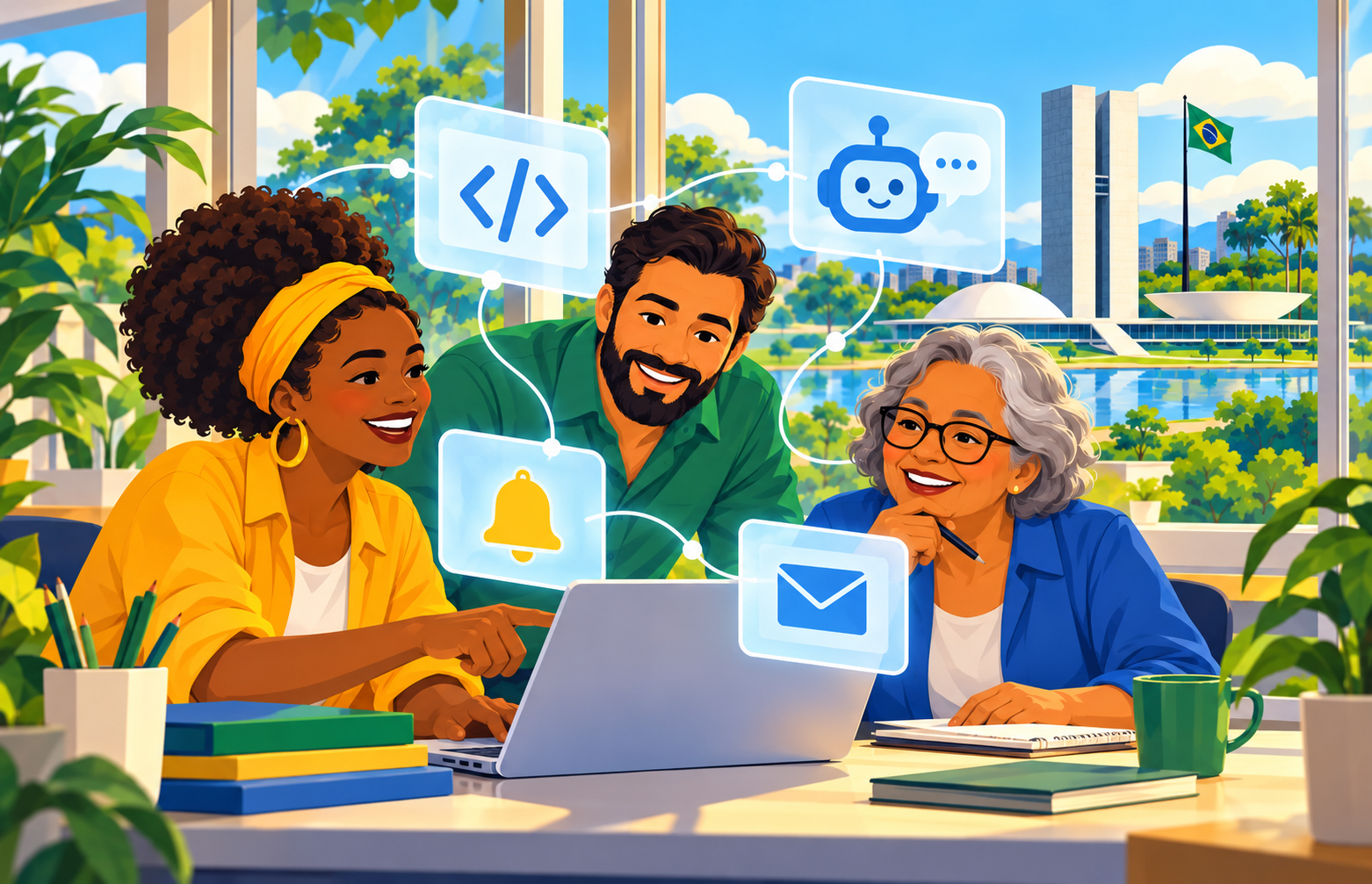 Equipe colaborando em um computador, com conexões para dados, assistentes de IA e notificações, e o Congresso Nacional ao fundo.