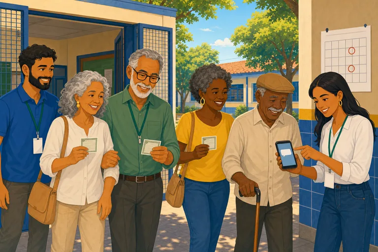 Ilustração de um casal idoso saindo de uma seção eleitoral com os documentos na mão
